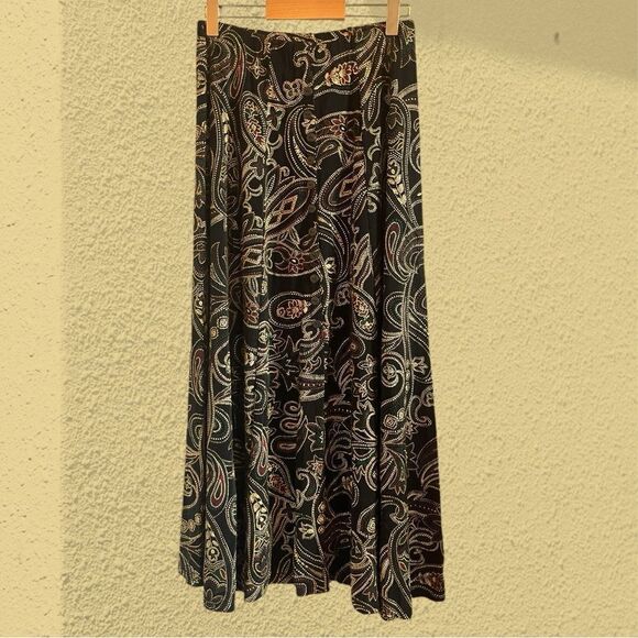 90s vintage black midi slinky skirt faux buttons gold paisley - Picture 1 of 9